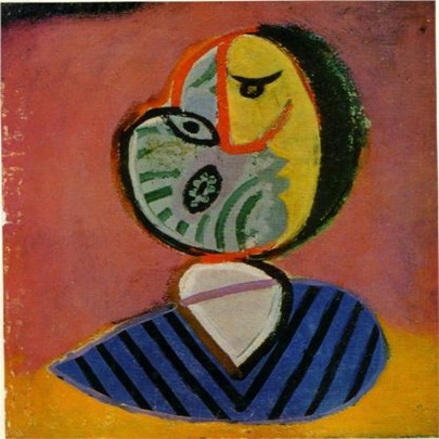 Abstract painting of a stylized face with bold colors and geometric shapes.